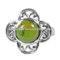 Green Copper Turquoise Natural Gemstone With 925 Silver Flower Design Anniversary Gift Ring